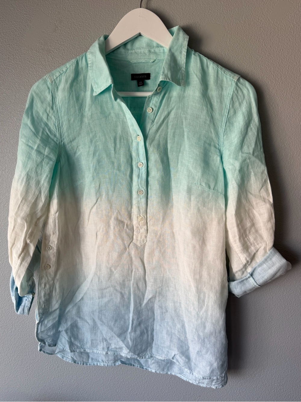 Talbots teal white blue colorblock roll tab sleeve 100% linen top Women’s sz XS